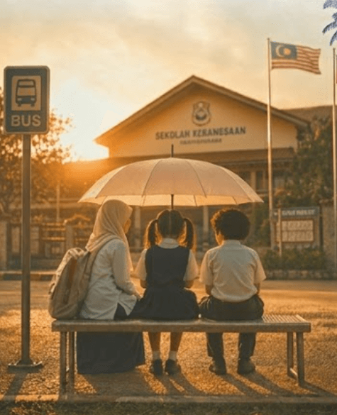 A family waiting together at a bus stop outside their neighbourhood school at golden hour, beneath a waving flag